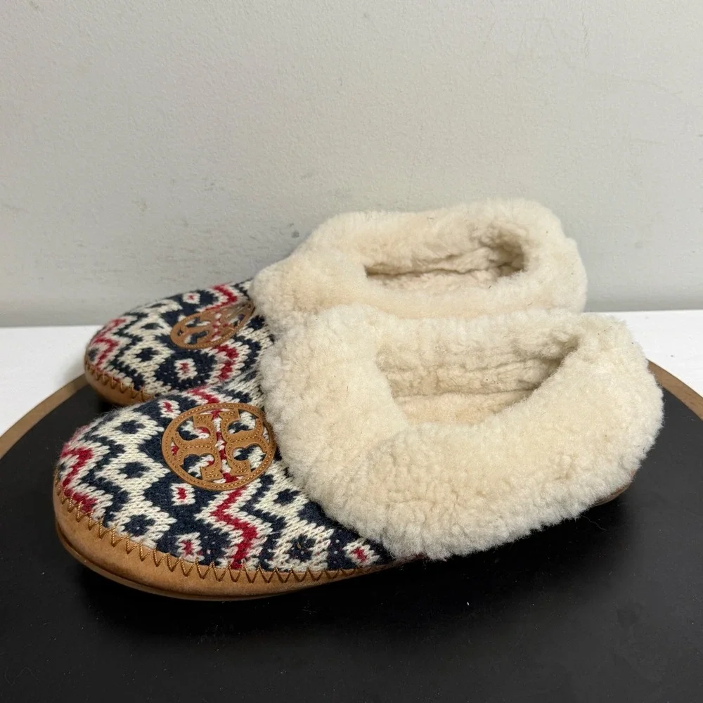 Tory Burch Shearling Slippers Women US 8 Fair Isle Knit Cozy House Shoes Indoors